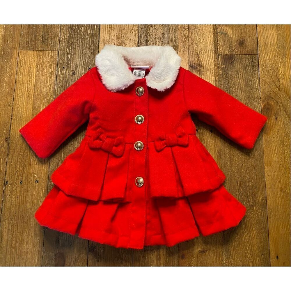 Little Lass 0-3 month baby girl coat red Christmas holidays pea coat bow
